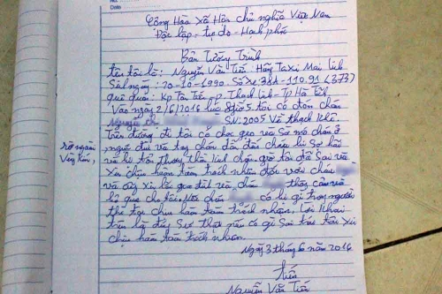 Bản tường trình Tiến viết tại nhà chị K.L. Biển kiểm soát xe trùng với chiếc taxi Mai Linh mà Tiến điều khiển khi gây án