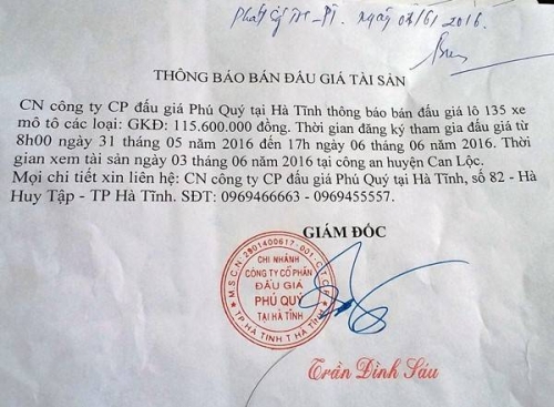 CTy Phú Quý thông báo địa chỉ chi nhánh là 82 Hà Huy Tập - Tp Hà Tĩnh trên đài phát thanh huyện Can Lộc vào ngày 1.6