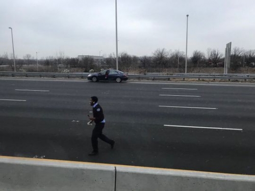  Người đàn ông được cho là tài xế xe tải cố nhặt tiền rơi trên đường cao tốc. Ảnh: USA Today
