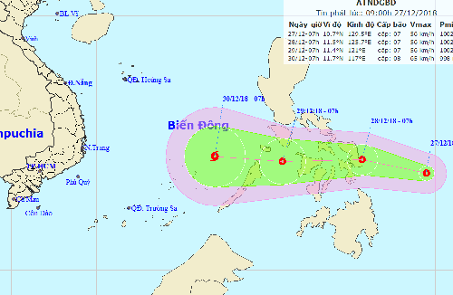 Hướng đi của áp thấp nhiệt đới theo dự báo của Trung tâm dự báo khí tượng thủy văn Trung ương.