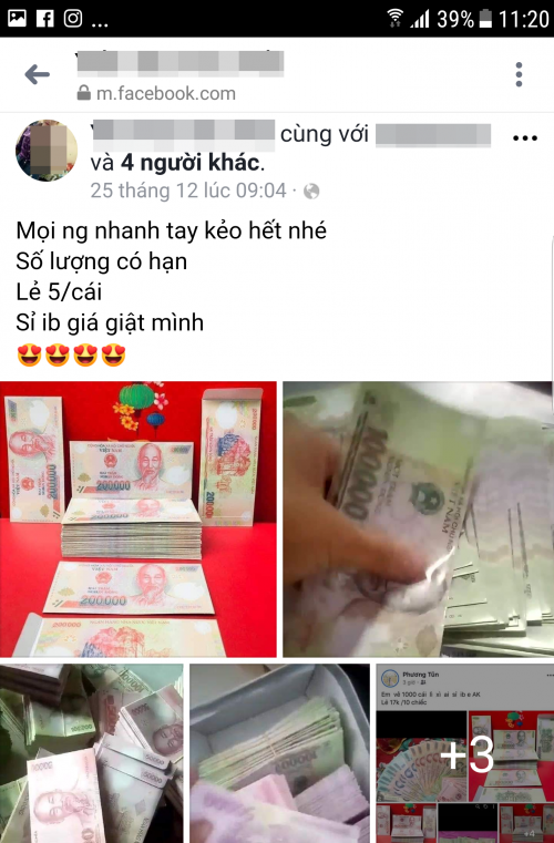 Hình ảnh bao lì xì in hình tiền Việt Nam được rao bán trên Facebook (Ảnh chụp màn hình).