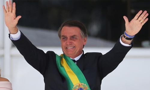 Tân tổng thống Brazil Jair Bolsonaro trong lễ tuyên thệ nhậm chức tại thủ đô Brasilia hôm qua. Ảnh: Reuters.