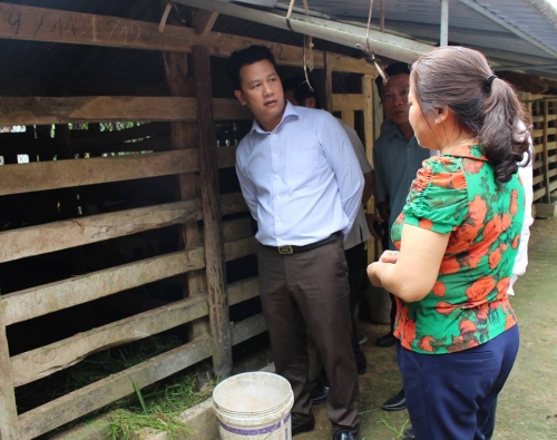 Chủ tịch UBND tỉnh Đặng Quốc Khánh thăm mô hình nuôi hươu liên kết của gia đình chị Trần Thị Tuyết ở xã Sơn Trung.