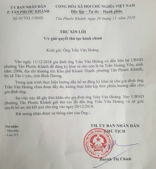 Thư xin lỗi của Chủ tịch UBND P. Tân Phước Khánh gửi đến gia đình ông Hoàng.