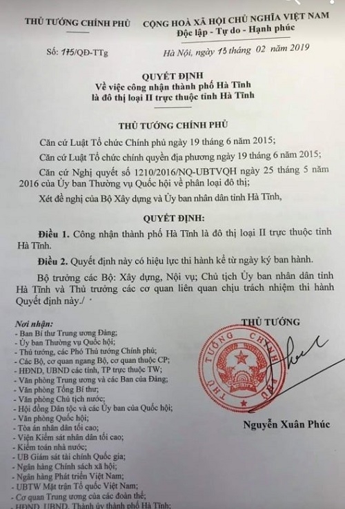 QĐ của Thủ tướng Chính phủ công nhận TP Hà Tĩnh là đô thị loại II trực thuộc tỉnh Hà Tĩnh