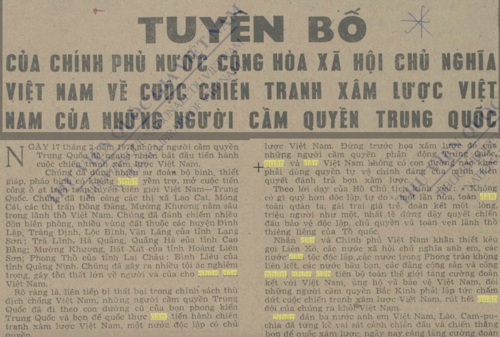 Tuyên bố của Chính phủ VIệt Nam về cuộc chiến tranh xâm lược của Trung Quốc trên báo Nhân dân ngày 18/2/1979.