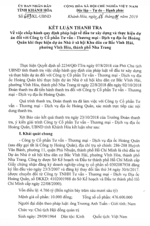 UBND tỉnh Khánh Hòa vừa có văn bản số 643/KL-UBND về việc chấp hành quy định pháp luật về đầu tư xây dựng và thực hiện dự án của Hoàng Quân