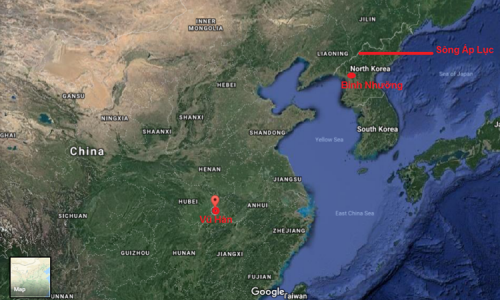 Tàu chở Chủ tịch Triều Tiên Kim Jong-un xuất phát từ Bình Nhưỡng hôm 23/2, qua sông Áp Lục để vào Trung Quốc và được cho là đi qua thành phố Vũ Hán, miền trung Trung Quốc sáng nay. Đồ họa: Google Maps.