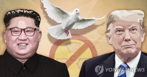 Chân dung lãnh đạo Mỹ - Triều và hình ảnh cánh chim hòa bình trong một bức ảnh của hãng tin Yonhap, Hàn Quốc (Ảnh: Yonhap)