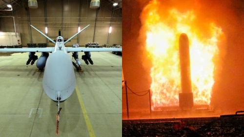 Máy bay MQ-9 Reaper (trái) và bệ phòng tên lửa Tomahawk, những khí tài khiến Nga cáo buộc rằng Mỹ đã vi phạm INF (Ảnh: Reuters)